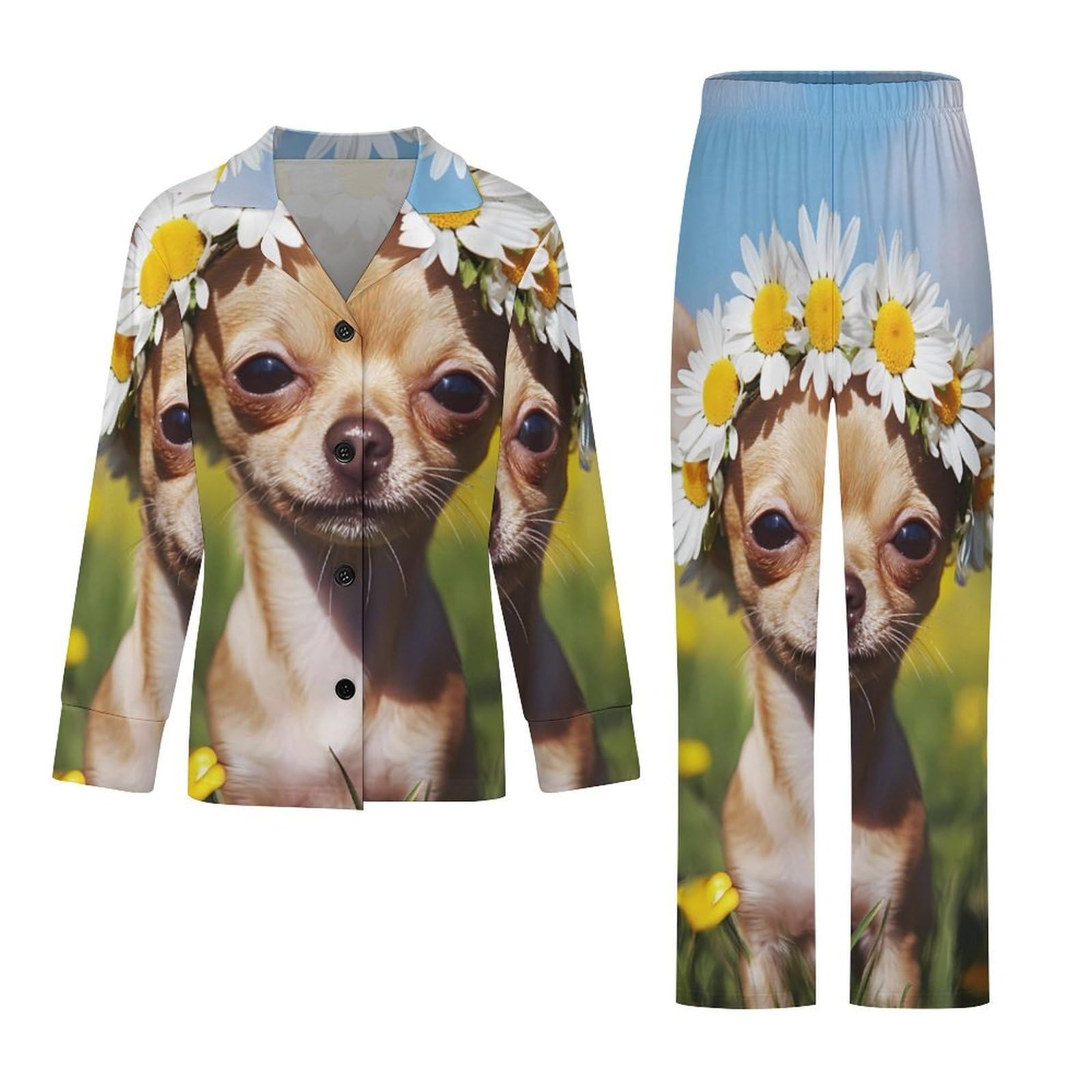 Conjunto de pijama elegante de perro chihuahua con estampado de flores para mujer, manga larga, botones y pantalones, ropa de descanso