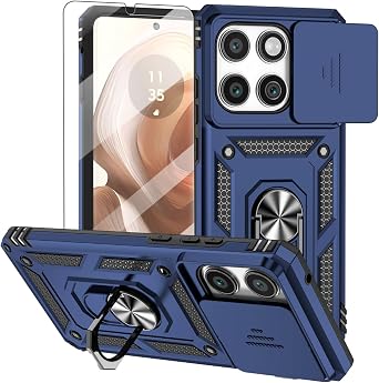 for Moto Edge 2025 Case, with Slide Camera Cover HD Screen Protector [Military Grade 16ft.Drop Tested] Magnetic Ring Kickstand Protective Phone Case for Moto Edge 2025, Blue