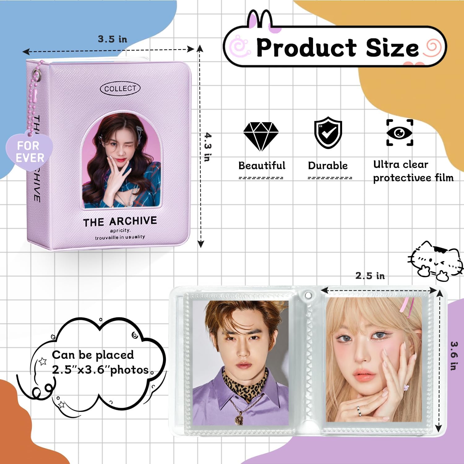 3 Inch Kpop Photocard Binder, 40 Pockets Portable Photocard Holder Book Mini Photo K-pop Album, Window Hollow Kpop Binder Collector Book Photo Card Holder Album with Lovely Pendant (Leather Cover)