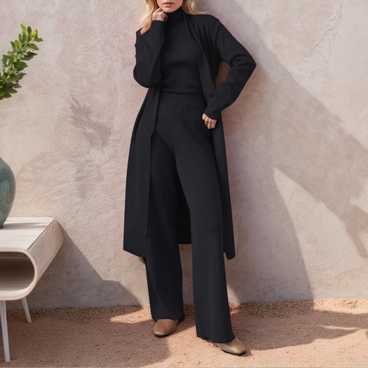Women's 3 Piece Knit Lounge Set, Y2K Long Sleeve Cardigan Sleeveless Turtleneck Tank Top and Wide Leg Pants Matching Outfits - Image 2