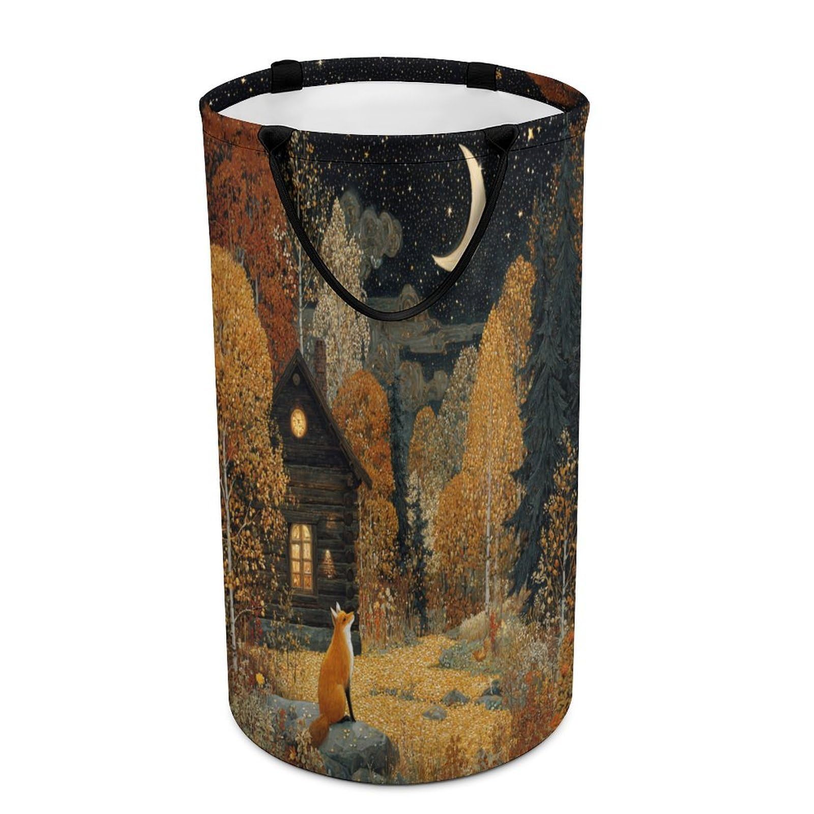 LUYYSKY Fantasy Cartoon Wildlife Fox Collapsible Dirty Clothes Basket, Cute Modern Autumn Forest Log Cabin Barn Animals Fox Portable Clothes Storage Basket