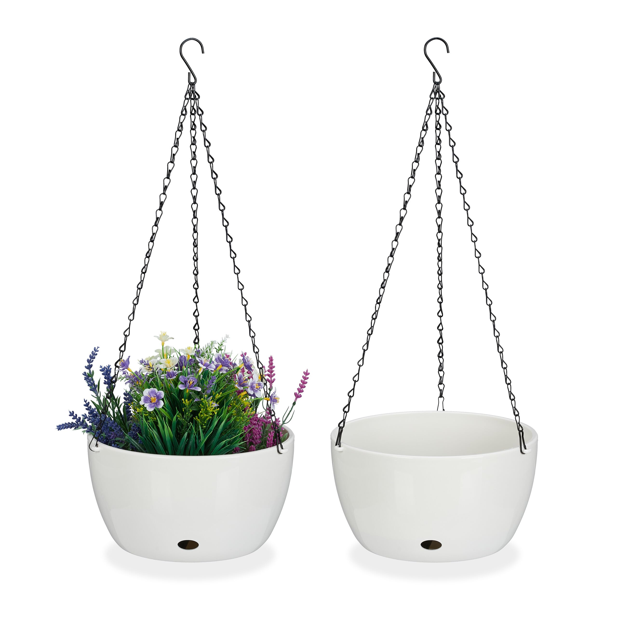 Relaxdays White Set Of 2 Hanging Baskets With Water Reservoir, Hxø: 67 X 28.5 Cm, Out- & Indoor, Suspended Pot, Plastic,