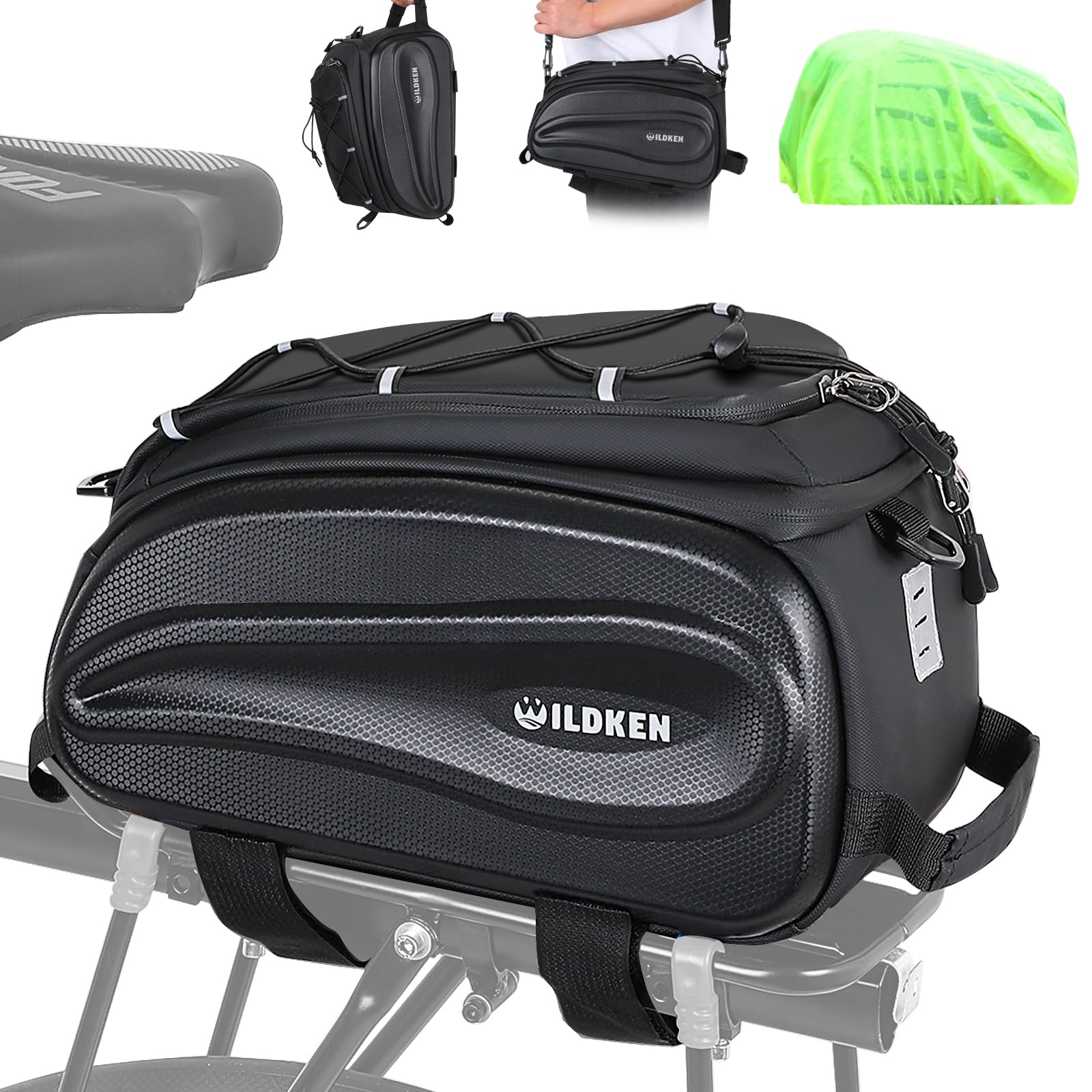 WILDKEN Borsa Portapacchi Bici Posteriore, 12L Nero Impermeabile e Riflettente Borse Portapacchi Bici, con Maniglia e Cinghia Regolabile, Borse per Bicicletta Posteriori per MTB, Bici da Strada