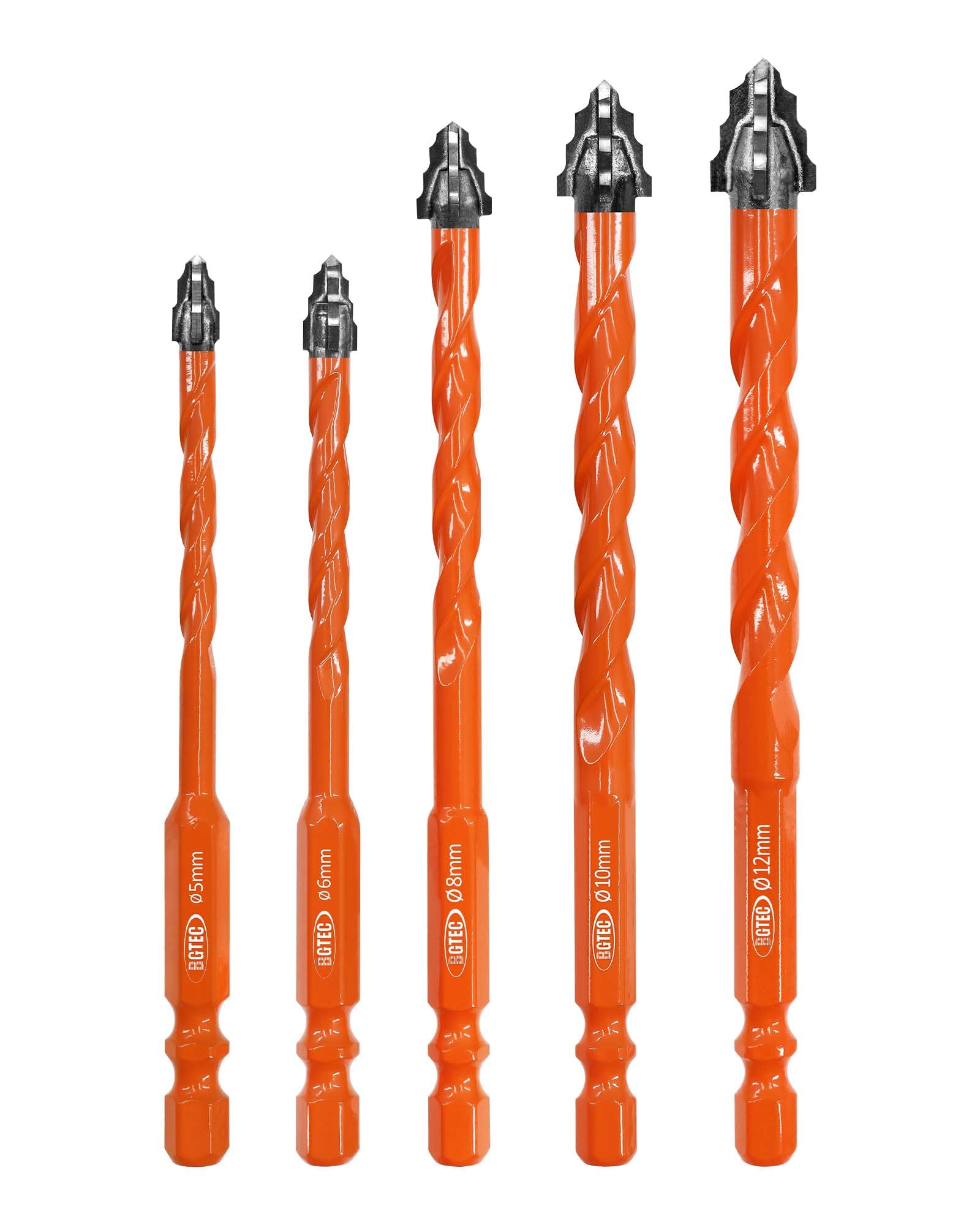 BGTEC Juego de Brocas de Carburo de Tungsteno - 5 Piezas Ø 5-12 mm Brocas Porcelanico para Madera, Plástico, Ladrillo, Cerámica, Vidrio, Hormigón y Mármol