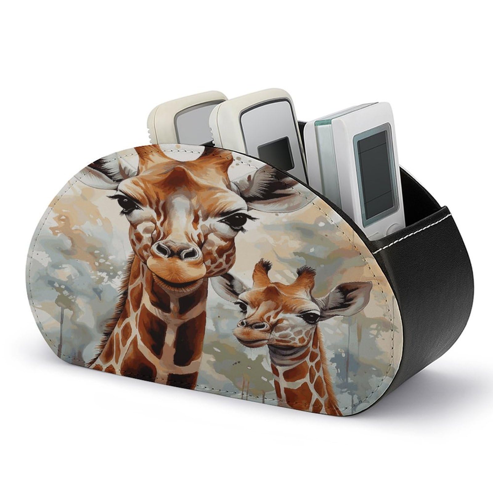 FekiLoot Watercolor Deer Giraffe Remote Control Holder, PU Leather Remote Control Organizer Box Stationery Remote Control Box Desk Storage Organizer for DVDs,Glasses,Pens,Media Players