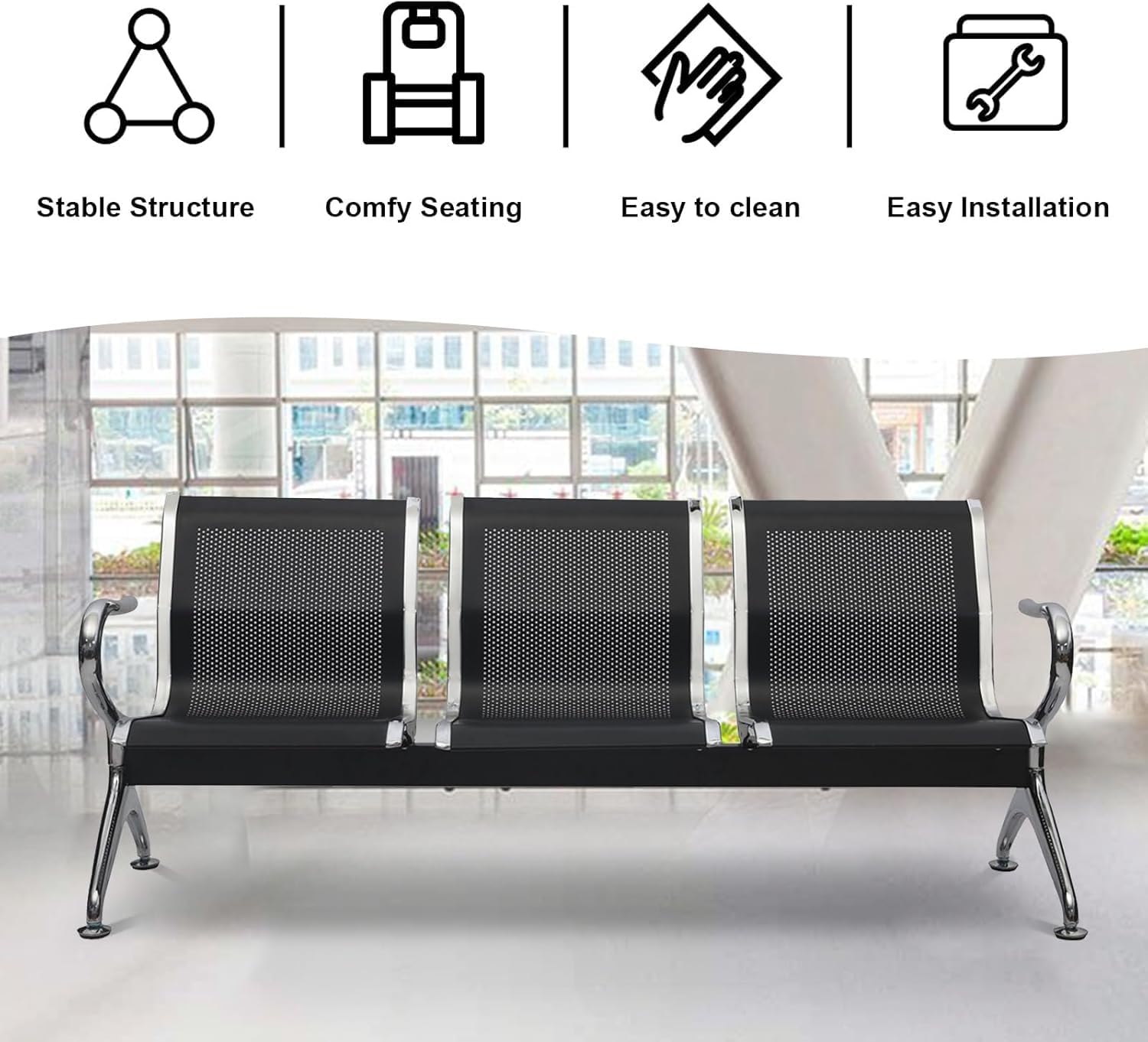 Waiting Room Chairs - 3 Seat Office Guest Reception Chairs Waiting Furniture Bench Seating for Airport, Bank, Hospital, Salon