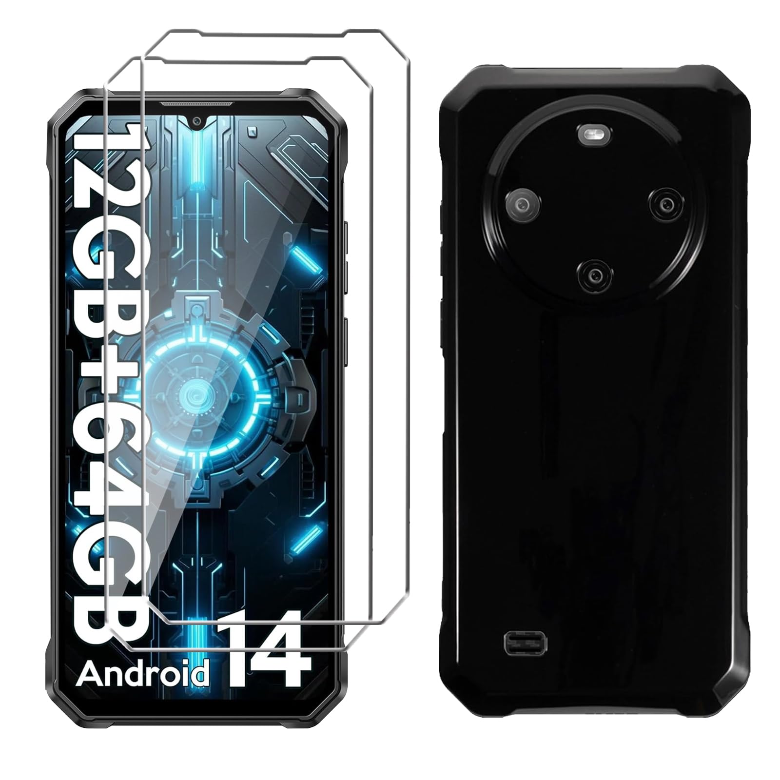 FOSSiBOT F105 (6.745") Black Mobile Phone Case + 2 Pieces Tempered Glass Protective Film, Soft Silicone TPU Cover