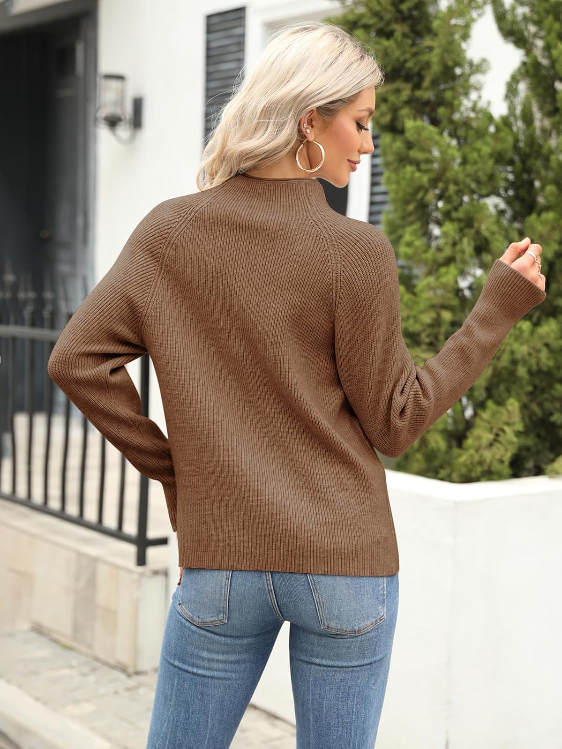 Yousify Womens Ribbed Mock Neck Batwing Sleeve Sweater Loose Knitted Pullover Sweaters Jumper Tops - Image 5