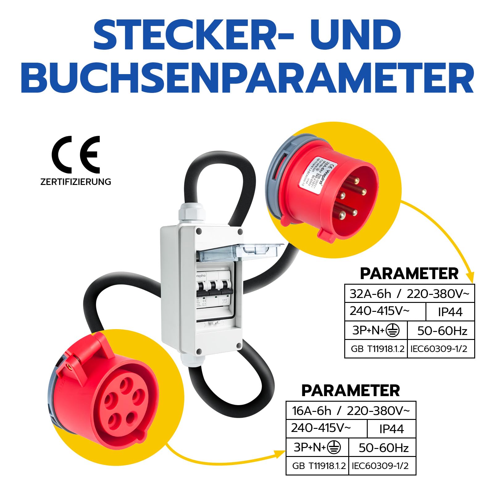 adattatore CEE da 32 A a 16 A, 230 V con interruttore di protezione, IP44, connettore e accoppiatore a 5 pin con cavo di prolunga CEE da 2,5 mm²