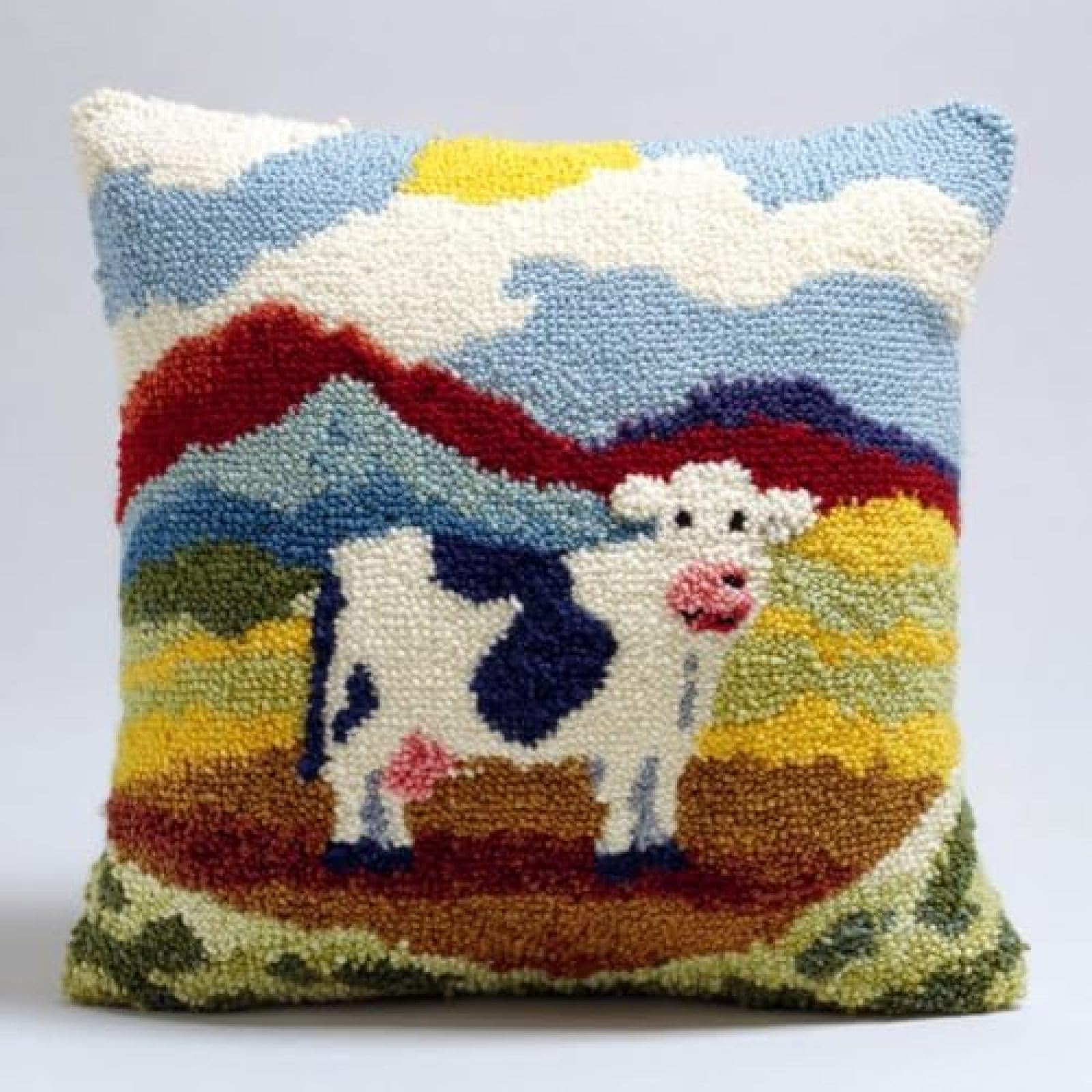kitphoenix Latch Hook Cushion Cover Making Kit for Adults,Calf and Mountains,DIY Handmade Craft Gift with Yarn,Hook and Printed Canvas,43x43 cm