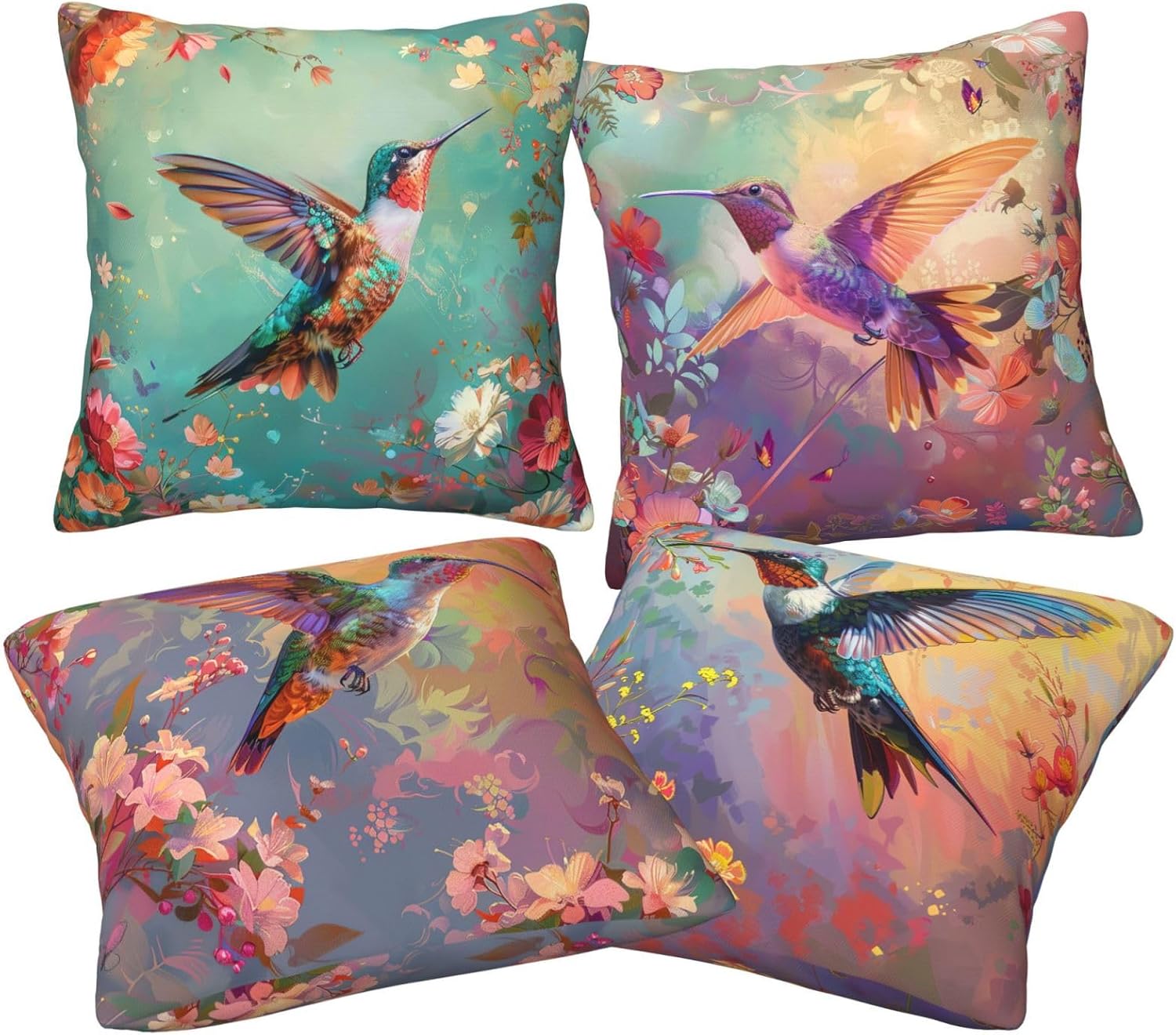 Spring Hummingbird Throw Pillow Covers Set of 4 Colorful Bird with Flowers Decor Pillowcase Hummingbirds Cushion Case Pillow Decorative for Couch Sofa Home Office Outdoors 18x18 Inch