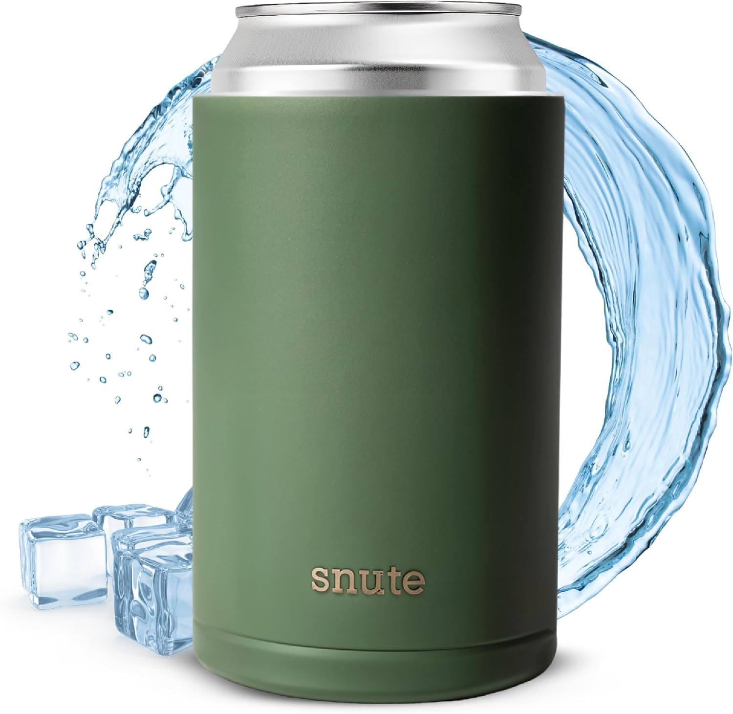Snute Can Cooler for Beer, Soda, Sparkling Water | Vacuum Insulated Stainless Steel Drink Sleeve Holder for 12oz Can (Olive, Standard)