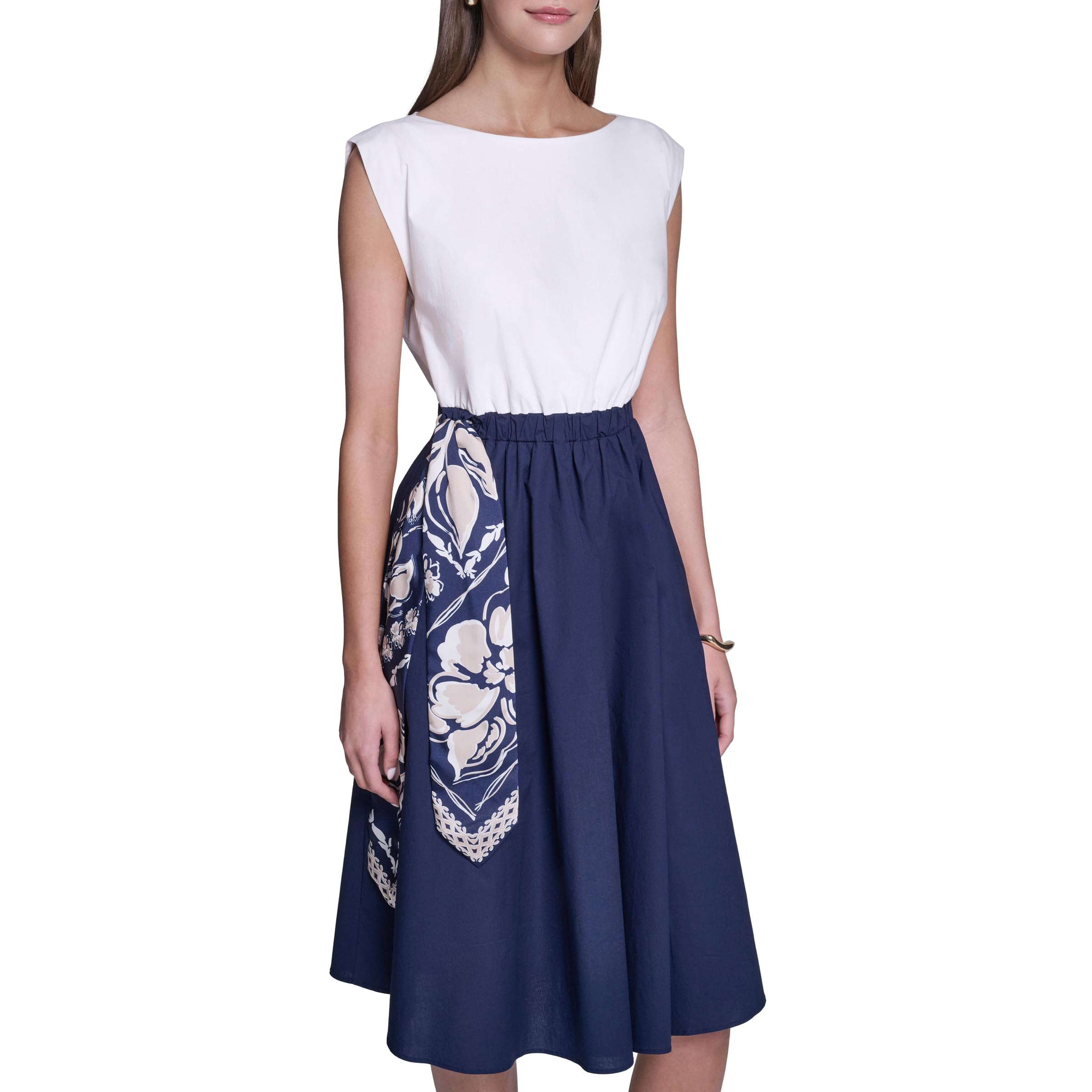 Photo 1 of HALSTON Women's Sleeveless Cotton Dress Dress with Removeable Scarf, Blue Combo, 8