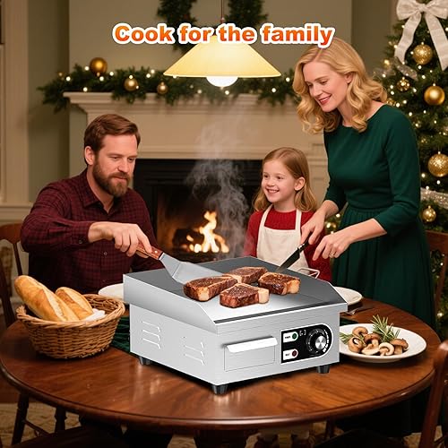 Miniatura 8 de Plancha eléctrica comercial de 14 pulgadas, plancha eléctrica de hierro fundido con material de acero inoxidable y antiadherente, plancha comercial