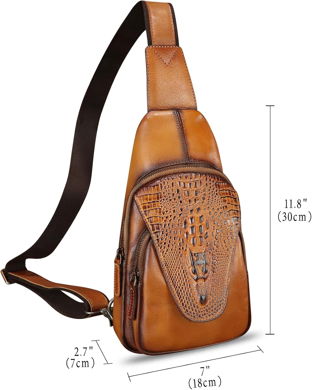 Genuine Leather Sling Bag Embossed Crocodile Pattern Leather Crossbody Sling Backpack Handmade Chest Purse Daypack (Brown) - Image 4