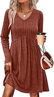 OFEEFAN Women's Long Sleeve V-Neck Sweater Dress with Pockets - Empire Waist Babydoll Fall 2025 Casual Fit S-2XL