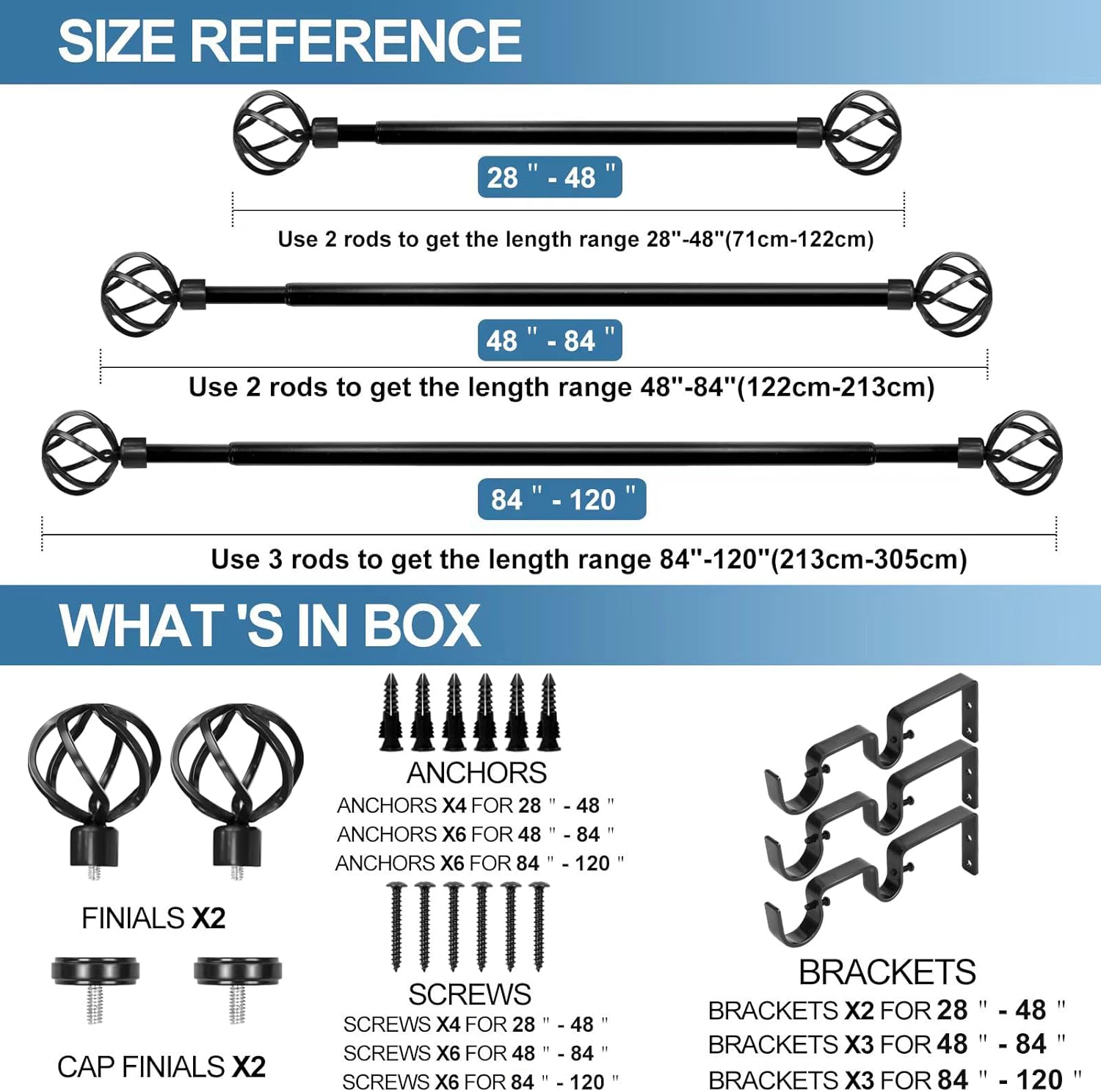 Urbanest Zeffoli Flat Button 1" 3/4" Double Drapery Curtain Window Rod Set - 28" to 48", Black