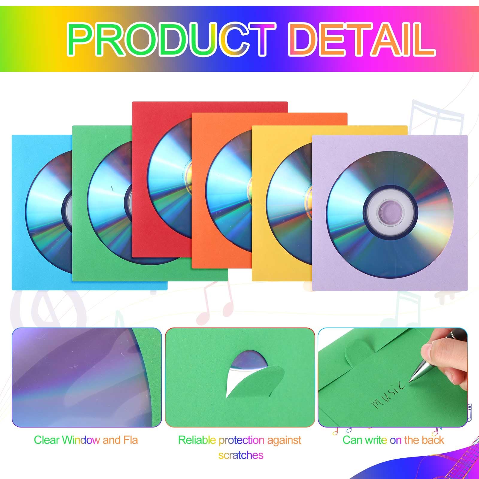 Faccito Lot de 240 pochettes pour CD, CD, DVD, films et DVD (jaune, rouge, vert, orange, bleu, violet) 12,5 x 12,5 cm