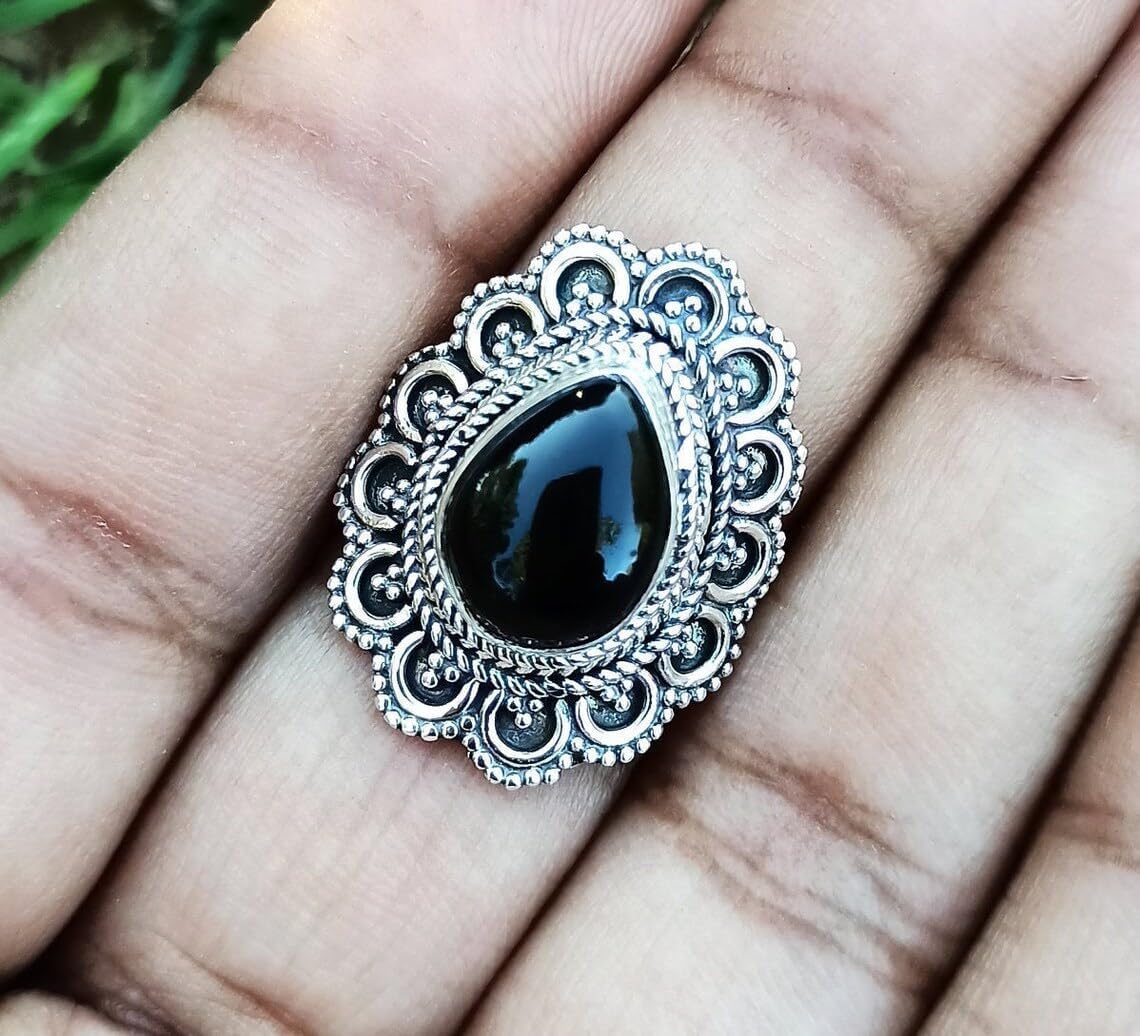 Natural Black Onyx Ring| Pear Stone Ring| Handmade Ring| Designer Band Ring| Boho Ring| Statement Ring| Cabochon Ring| Black Gemstone Ring| Trendy Ring| Black Onyx Jewelry