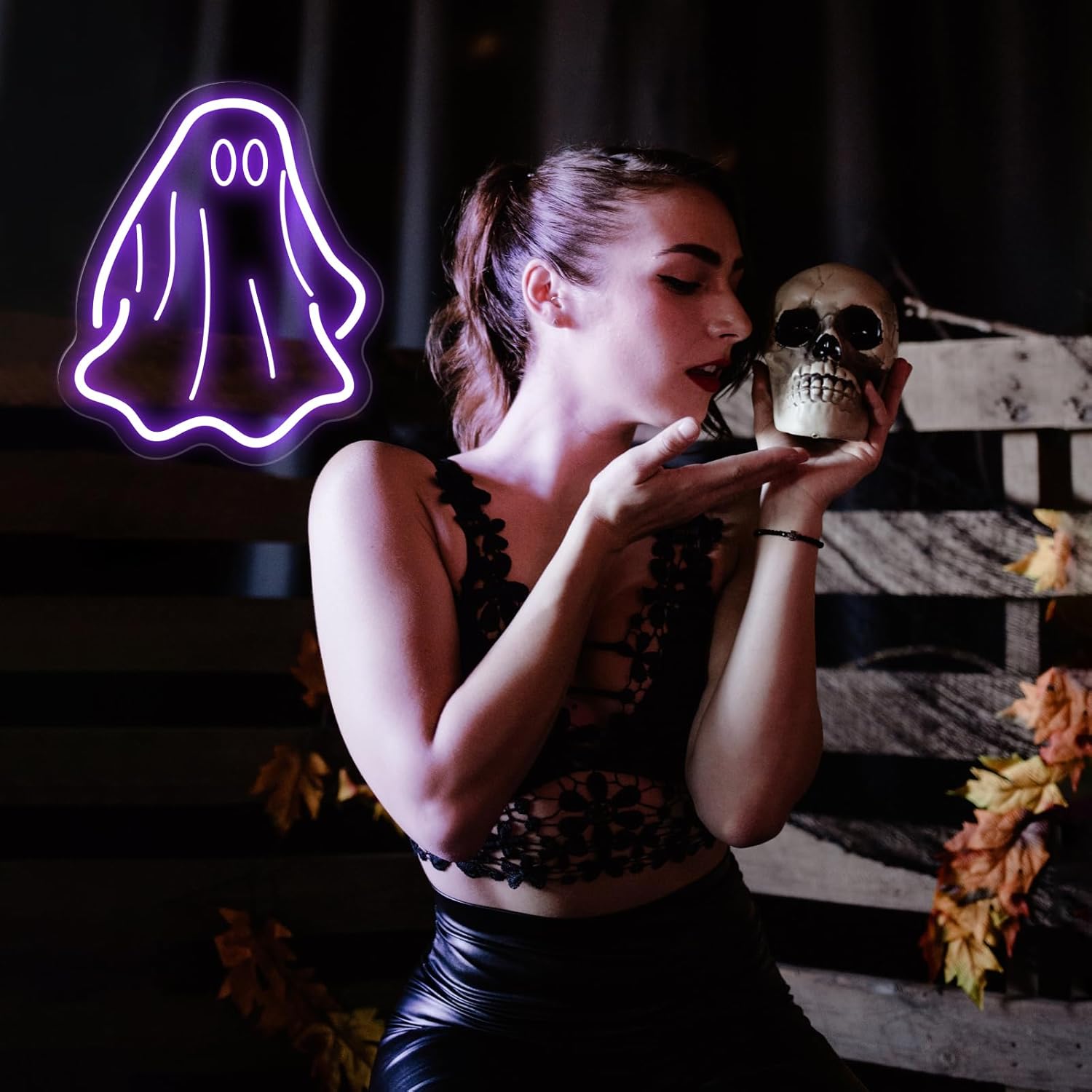 Ghost Neon Signs for Halloween Decorations, 8.3 * 9.8 Inches Led Lights Sign for Outdoor, Dimmable Switch House Decor for Indoor, Halloween Party, Home, Room, INSNEnN