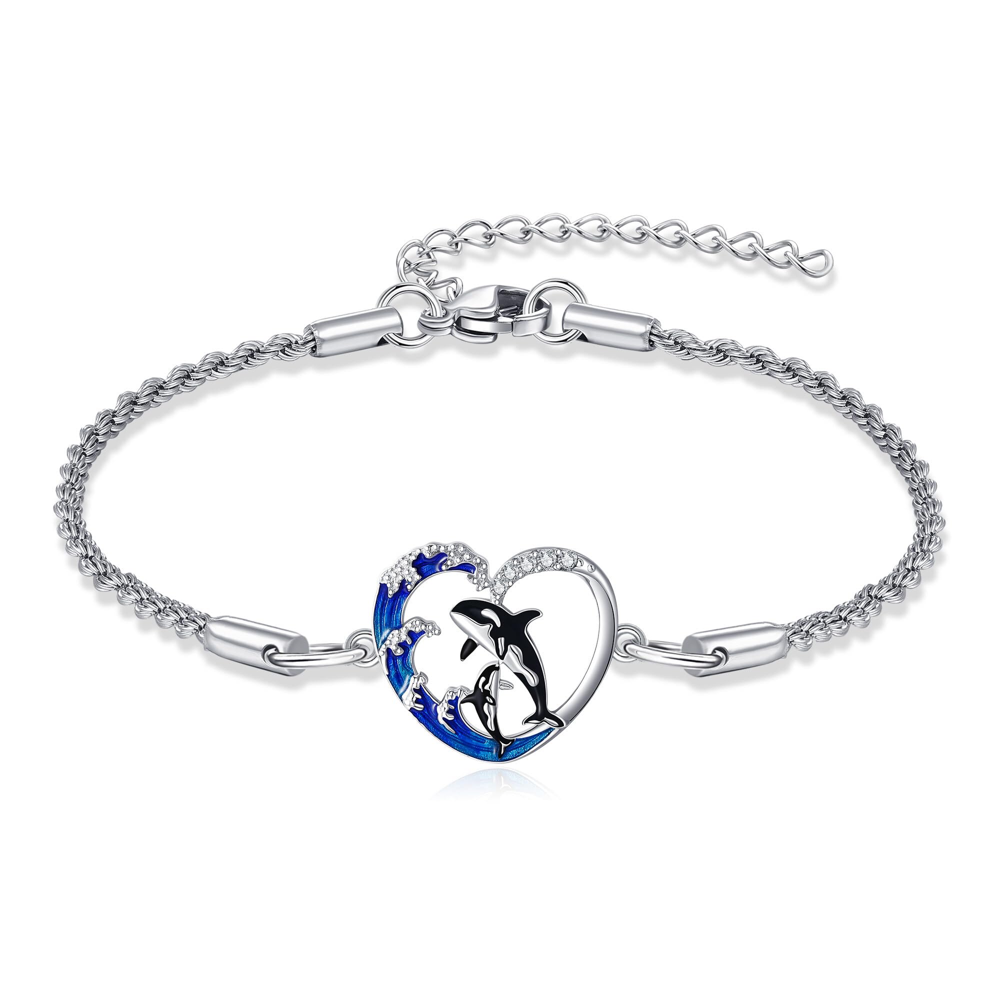 DAYLINLOVE Orca Tobillera de plata de ley 925, orca, orca, forma de corazón, tobillera, madre, hija, mar, océano, animal, regalo de joyería para mujer, mamá, abuela, Plata de ley, Sin gemas