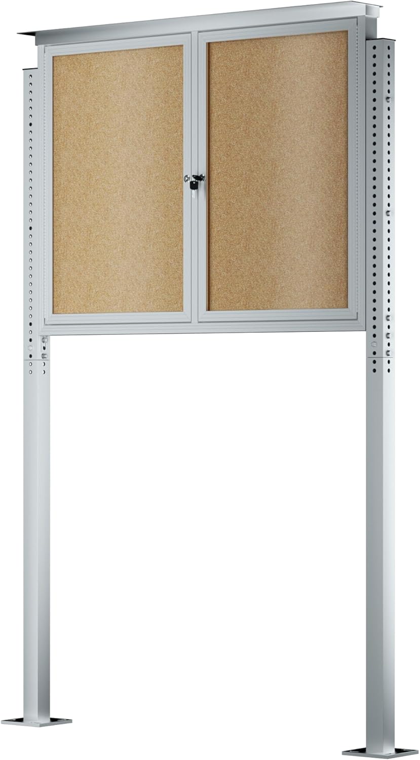 INNOVART Standing Enclosed Bulletin Board 48”x36”, Outdoor Lockable Community Sign with Aluminum Frame and Metal Pole, Enclosed Bulletin Board Weatherproof, Information Cabinet Display Case with Door