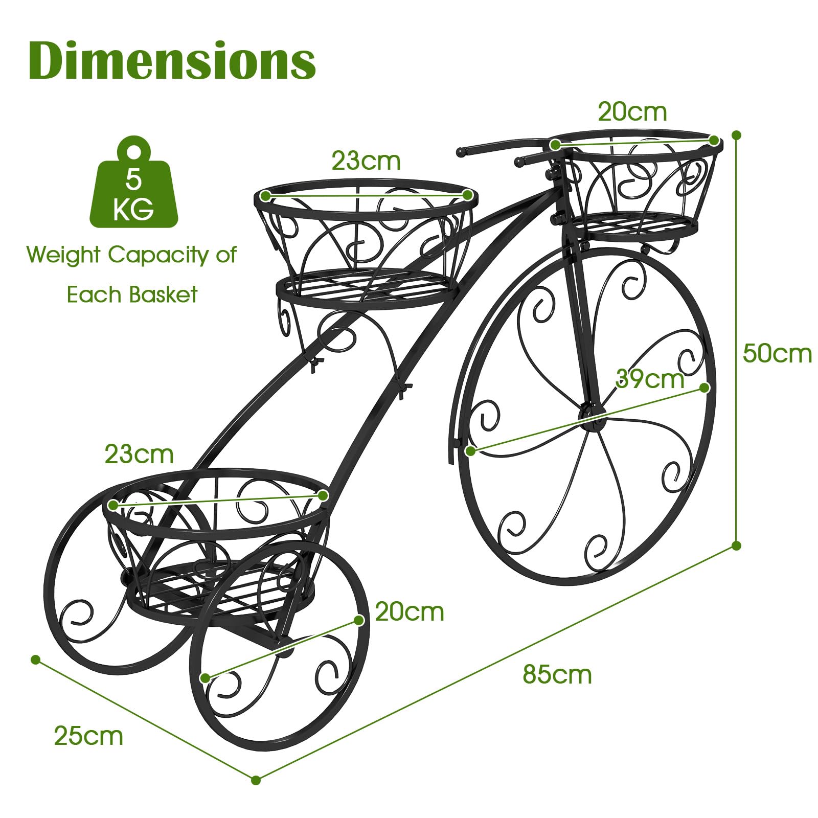 HOMASIS Support de Fleurs en Forme de Vélo, Échelle de Plantes en Métal avec 3 Niveaux, Jardinière pour Plantes, Style Vintage pour Jardin, Balcon, Bureau, Étagèrer, 85 x 25 x 50 cm, Noir