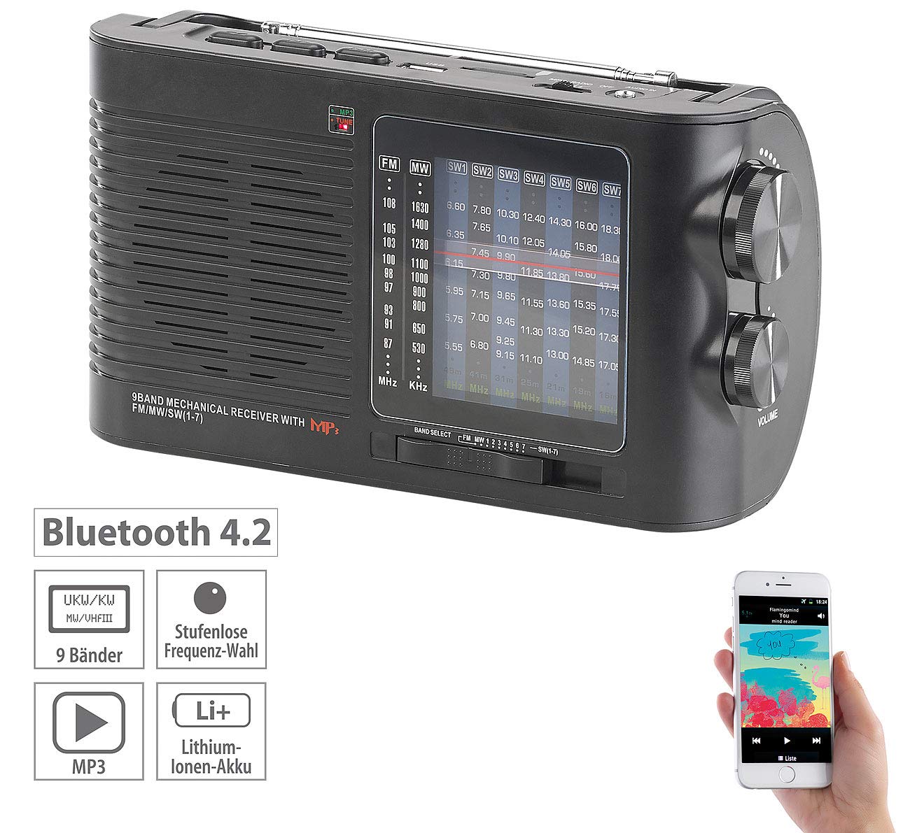 auvisio Analogradio: Analoger 9-Band-Weltempfänger mit Bluetooth, USB, SD, AUX und Akku (Kurzwellen-Radio)