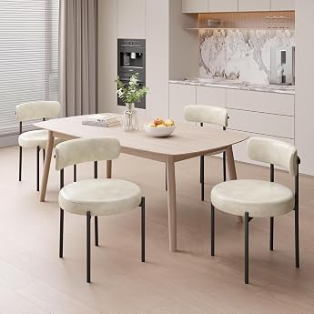 Hawthyhome Dining Room Chairs Set of 4 PU Leather Round Boucle Dining Room Chairs Mid-Century Padded Kitchen Chairs Dining Room Chairs with Metal Legs Beige