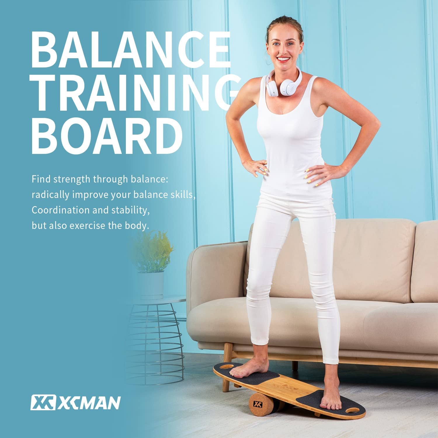 XCMAN Balance Board in Bambus mit verstellbaren Stoppern 3 Verschiedene Distanzmöglichkeiten Surf Balance Board für Surfen, Skifahren, Snowboarden, Skateboardtraining