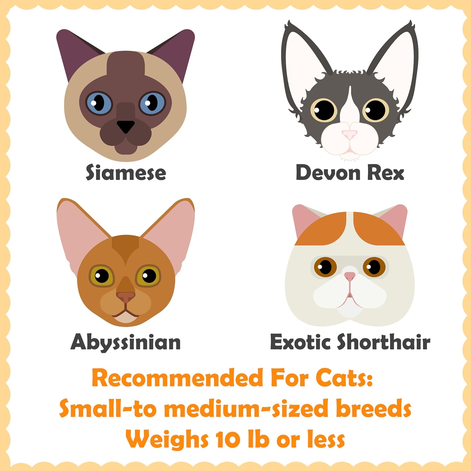 Illustrations of cat breeds recommended for the cat tree, including Siamese, Devon Rex, Abyssinian, and Exotic Shorthair, all weighing 10 lbs or less