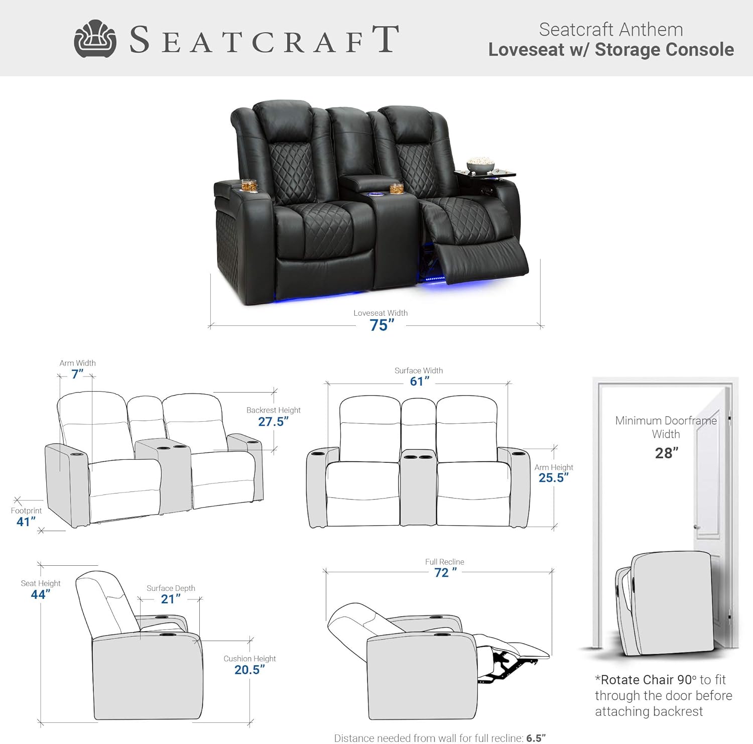 Technical drawing of Seatcraft Anthem Loveseat with dimensions for width, depth, height, seat height, surface depth, cushion height, arm width, backrest height, full recline length, and minimum doorframe width.
