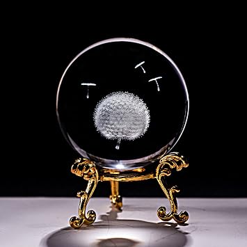Crystal 3D Ball Laser Engraved Dandelion Micro Glass Globe Sphere Home Decor Decoration Craft Gift Figuras De Cristal,with Golden Base,60mm