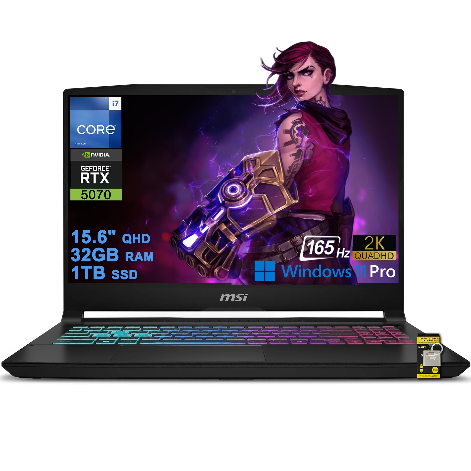Katana 15 HX Gaming Laptop 15.6" QHD 2560x1440 165Hz 100% DCI-P3 Intel 16-core i7-14650HX (>i9-12900H) 32GB DDR5 1TB SSD GeForce RTX 5070 GDDR7 (798 AI Tops) RGB Backlit Type-C Win11Pro ICP Acc