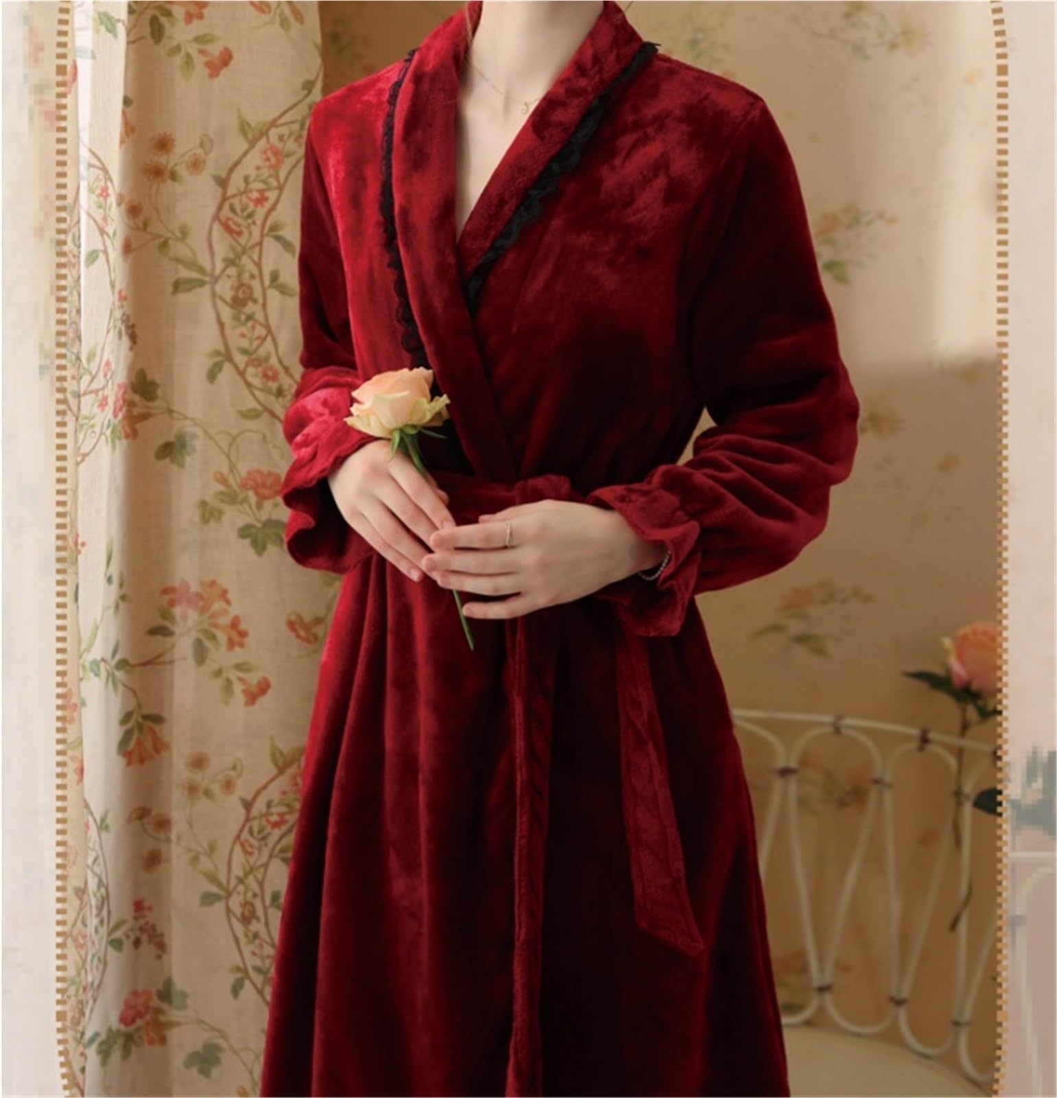 Albornoz Ducha Bata con Volantes For Mujer, Albornoz Largo Suave De Felpa, Lana Cálida, Camisón For Niñas Accappatoio para Viajes(Rot,Large)