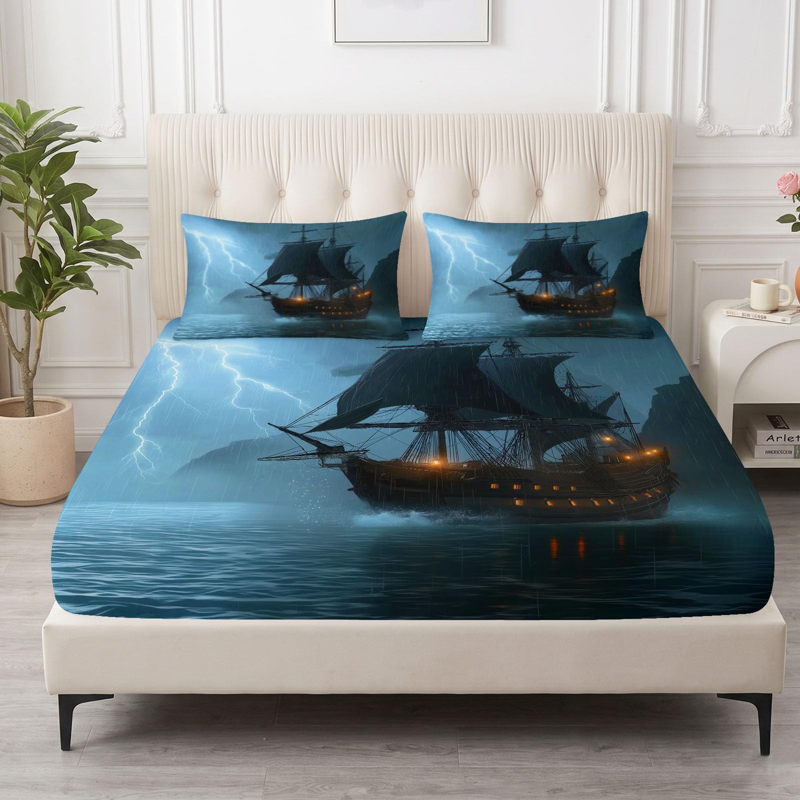Fantasy Nautical - Juego de sábanas bajeras de microfibra de 180 x 200 cm, tamaño Super King, sábana bajera ajustable decorativa, suave, transpirable, resistente a la decoloración, con bolsillo