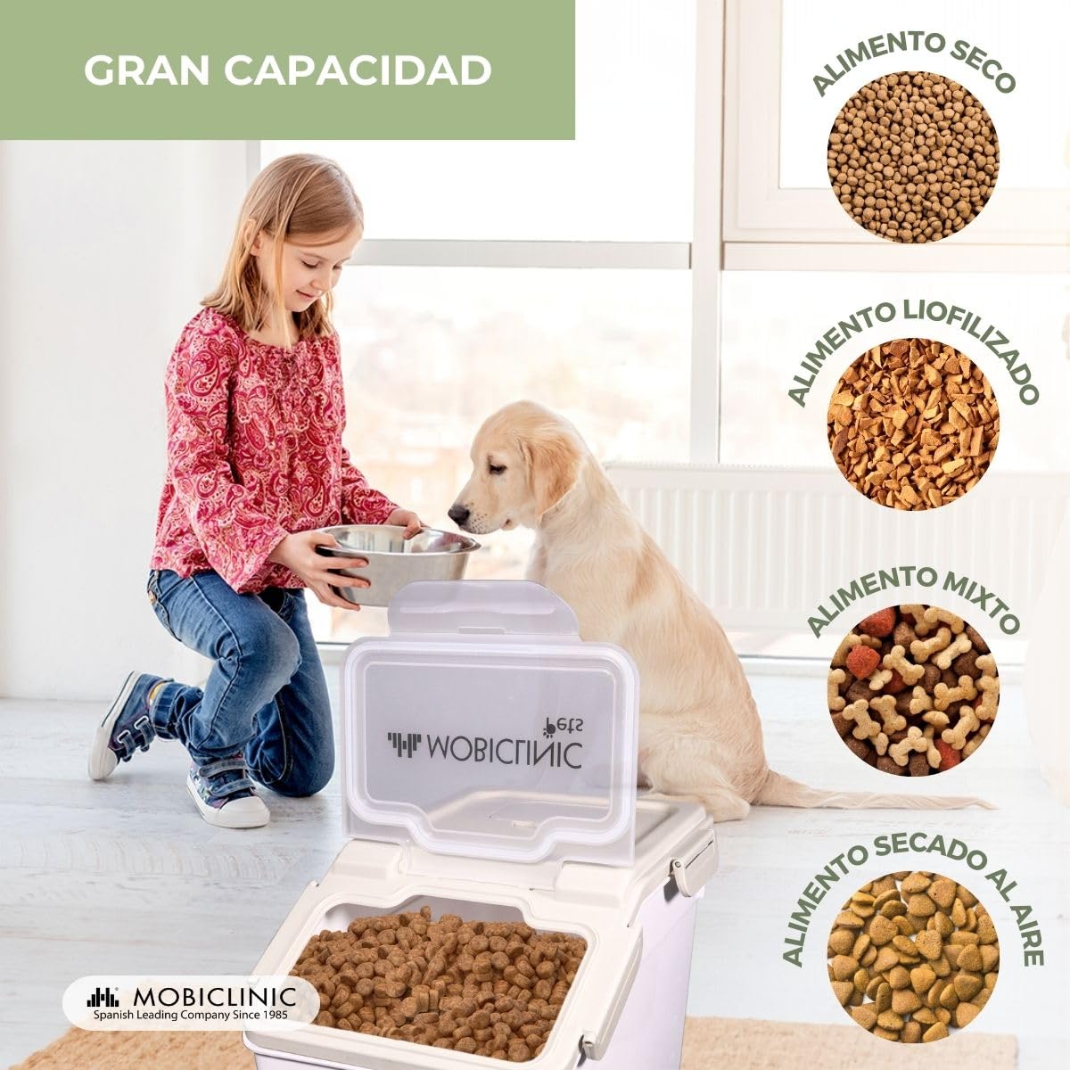 Mobiclinic®, Contenedor Pienso, Pala y Vaso Medidor, Capacidad 20 L/8 Kg, para Mascotas, Cierre Hermético, 23x25,5x36,5cm, con Ruedas, Ventana Transparente, Preservación de Frescor, Feedpet