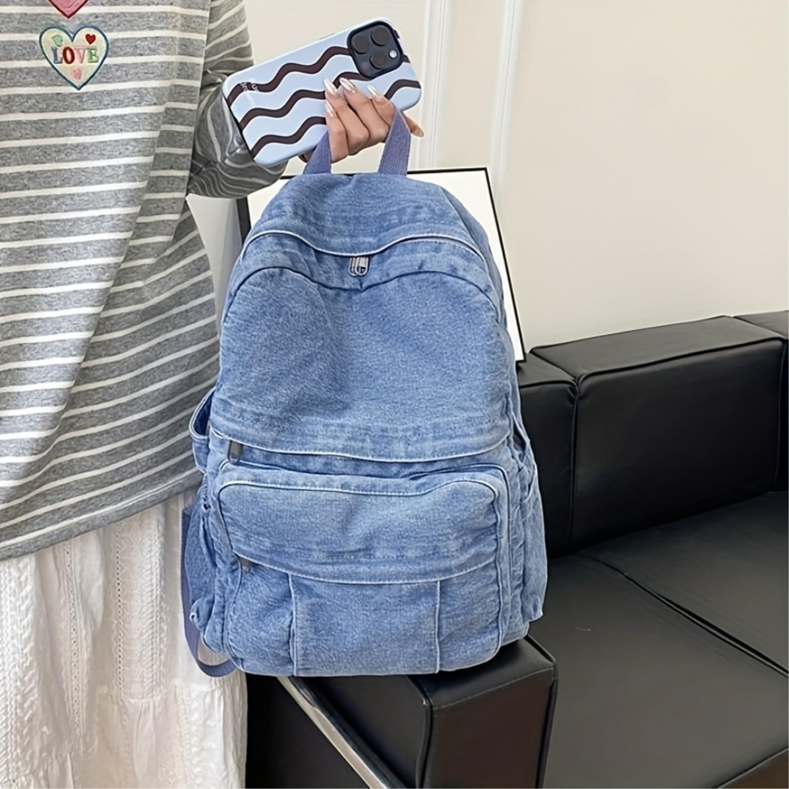 Zaino da Viaggio Borsa di Versatile - in Denim Stile Vintage per Le Donne Grande capacità Adatto Gli Studenti delle Scuole Superiori E Universitarie-Light Blue