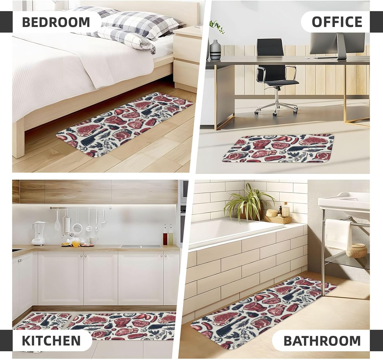 Red Meat Print Kitchen Rugs Sets of 2 Non Slip Washable, Anti Fatigue Kitchen Mats for Floor, Home Decor