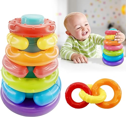 MISAKTEAM Juguete de anillo apilable de arcoíris, 7 pilas de círculos, juguete Montessori apilador, juguetes STEM de aprendizaje temprano, torre