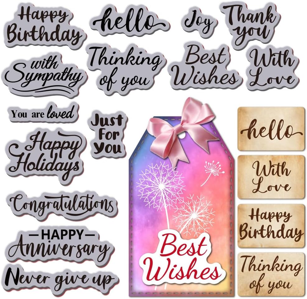 GLOBLELAND Greetings Words Cling Rubber Stamp Thank You Text EVA Cling Mount Stamps Birthday Anniversary Rubber Stamp Set for Card Making Photo Album Decor Decoration DIY Scrapbooking