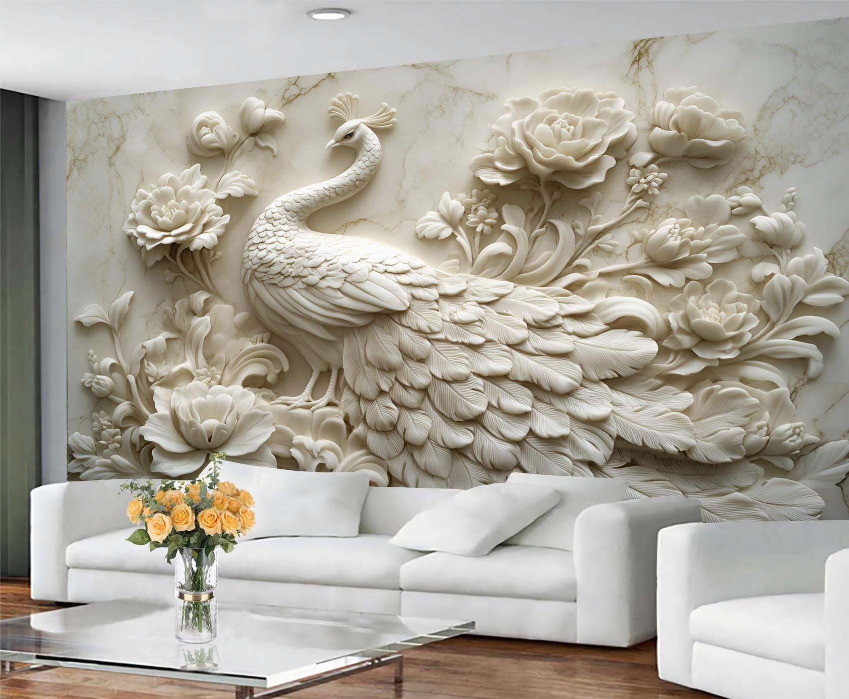 Peacock Wallpaper, 3D Animal Murals, Modern White Removable Wallpaper for Bedroom, Renter Friendly Wall Paper, Light Luxury Wall Mural, Beauty Large Mural - Home Decor 79x55 in