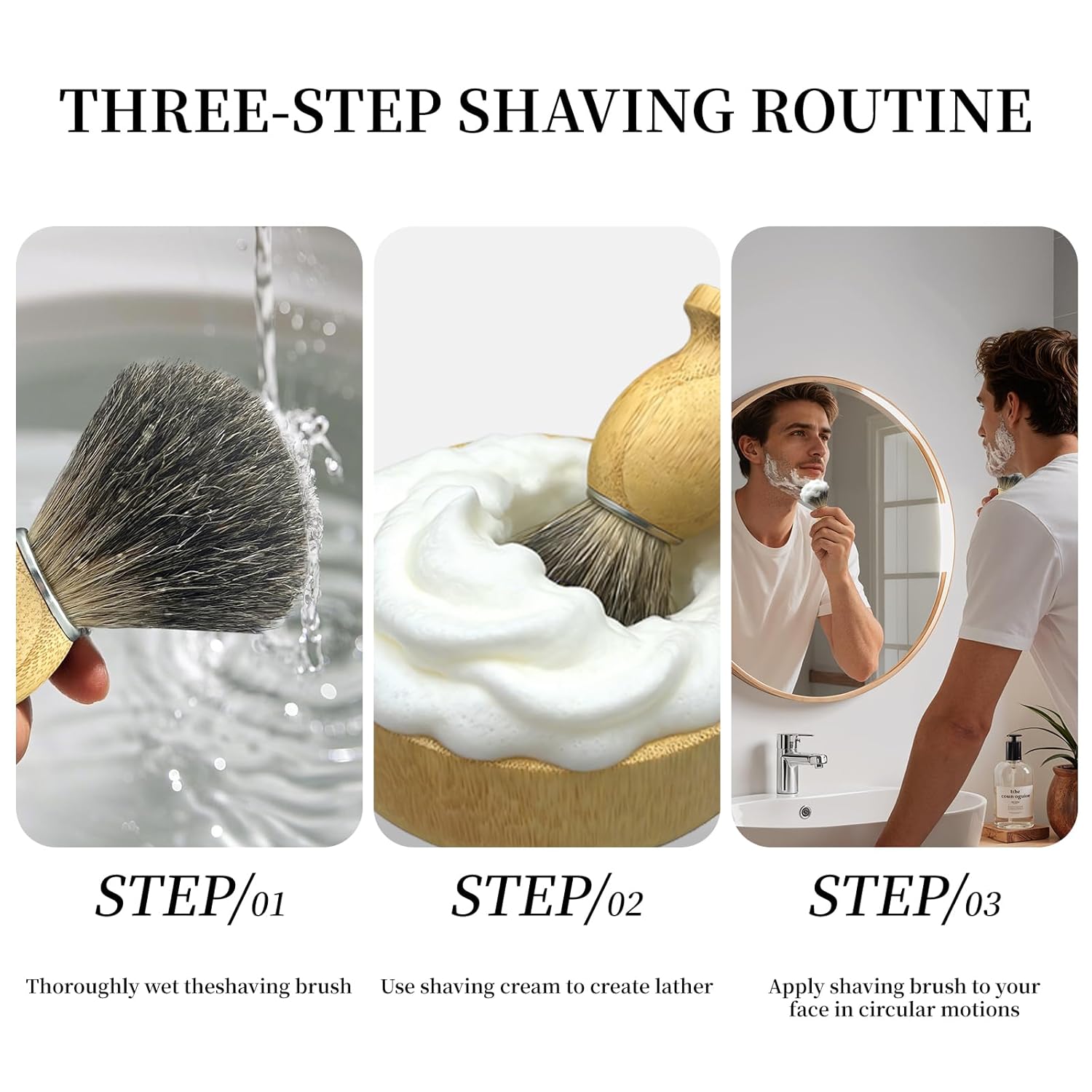 Kikc Shaving Brush Set, Pure Badger Shave Brush & Bamboo Bowl with 2 in1 Shaving Stand,Complete Men's Wet Shaving Kit, Eco-Friendly Bamboo Handle, Lathering Bowl & Razor Stand (Horizontal/Hanging)