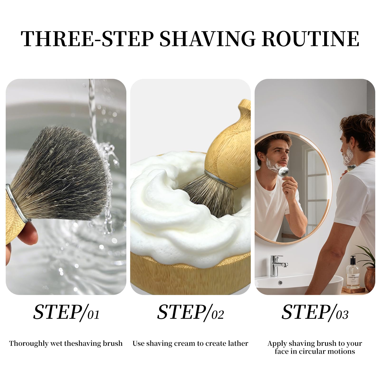 Kikc Set di pennelli da barba, pennello da barba in tasso puro e ciotola in bambù con supporto da barba 2 in 1, kit completo da barba da uomo, manico in bambù ecologico, ciotola per schiuma e supporto