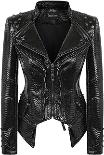 chouyatou Women's Fashion Snake Pattern Print Studded Moto Pu Leather Biker Jacket