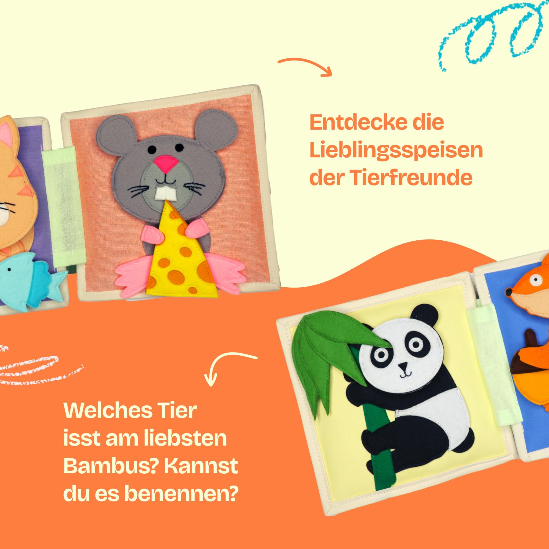 Jolly Designs Mini Quiet Book Les Amis des Animaux – Jouet Montessori dès 12 Mois – Livre sensoriel & Livre Tissu pour Enfant – Book Fait Main avec 6 Pages d’activités – Jouet éducatif & de Voyage