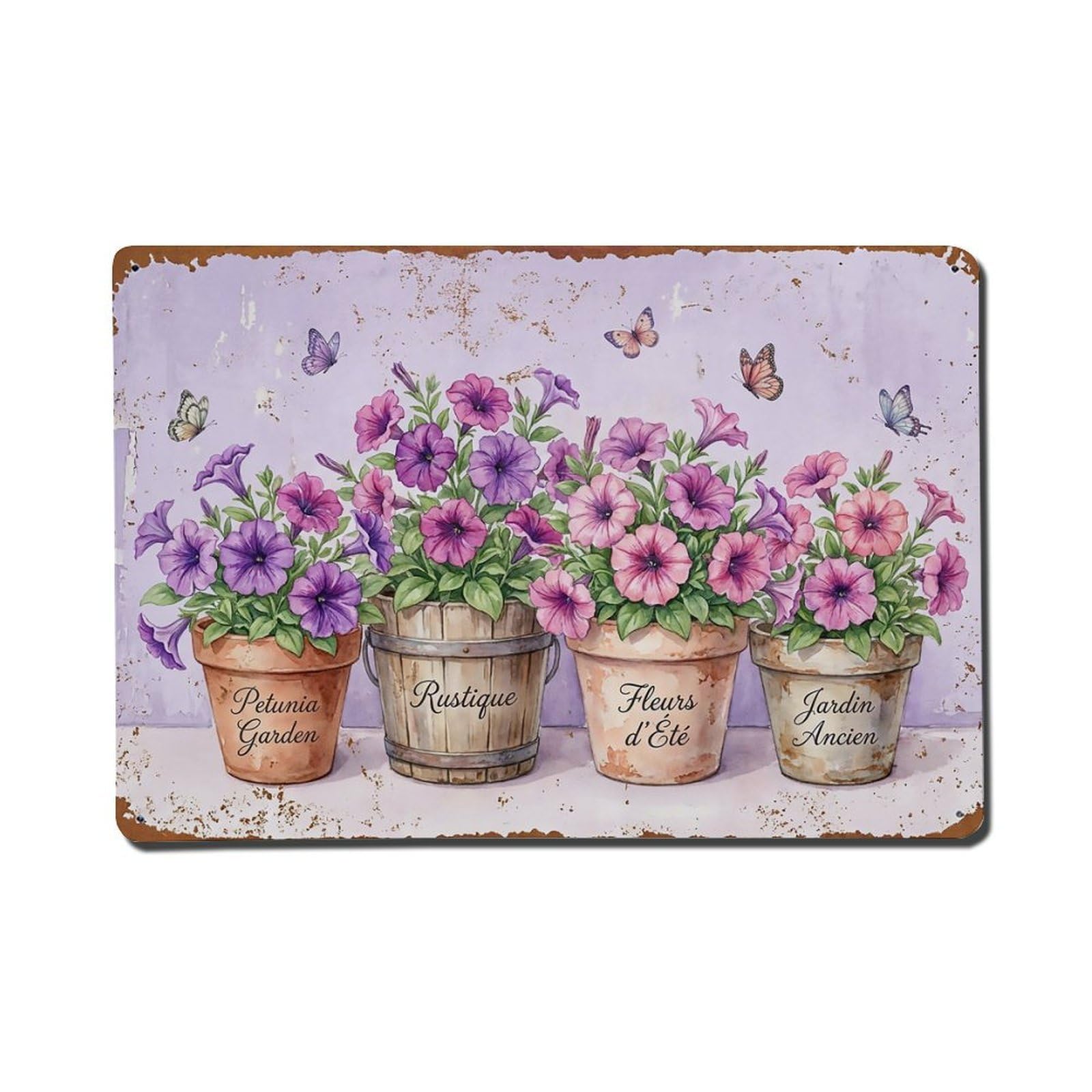 Vintage Rustic Flower Potted Plants Petunia Metal Tin Sign