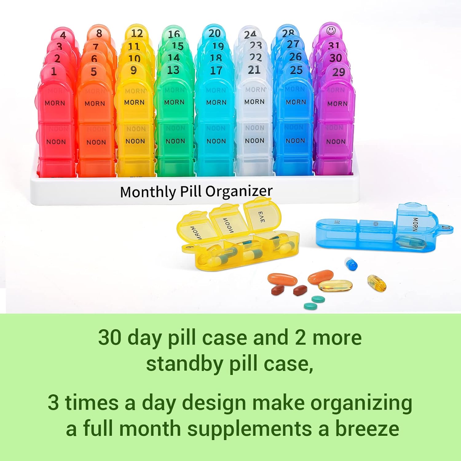 Daviky Monthly Pill Organizer 3 Times a Day, 30 Day Pill Organizer with Small Pill Box, One Month Medicine Organizer, 31 Day Pill Case Pill Container to Hold Vitamin, Supplement and Medication
