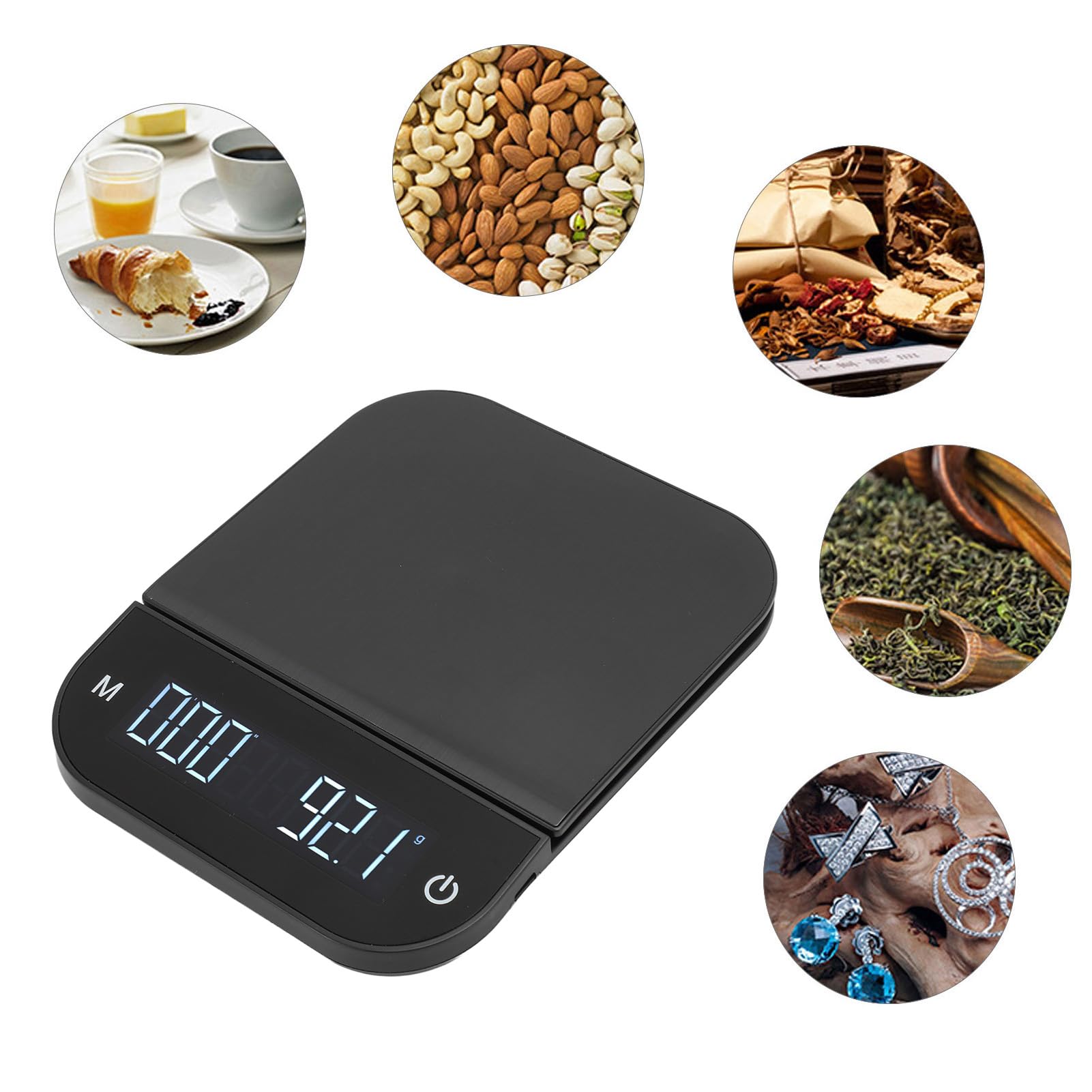 Báscula de cocina Báscula digital para alimentos de 0,1 g a 6,6 lb con pantalla LED Control táctil Función de tara Temporizador Báscula de café ABS para cocinar en casa Hornear