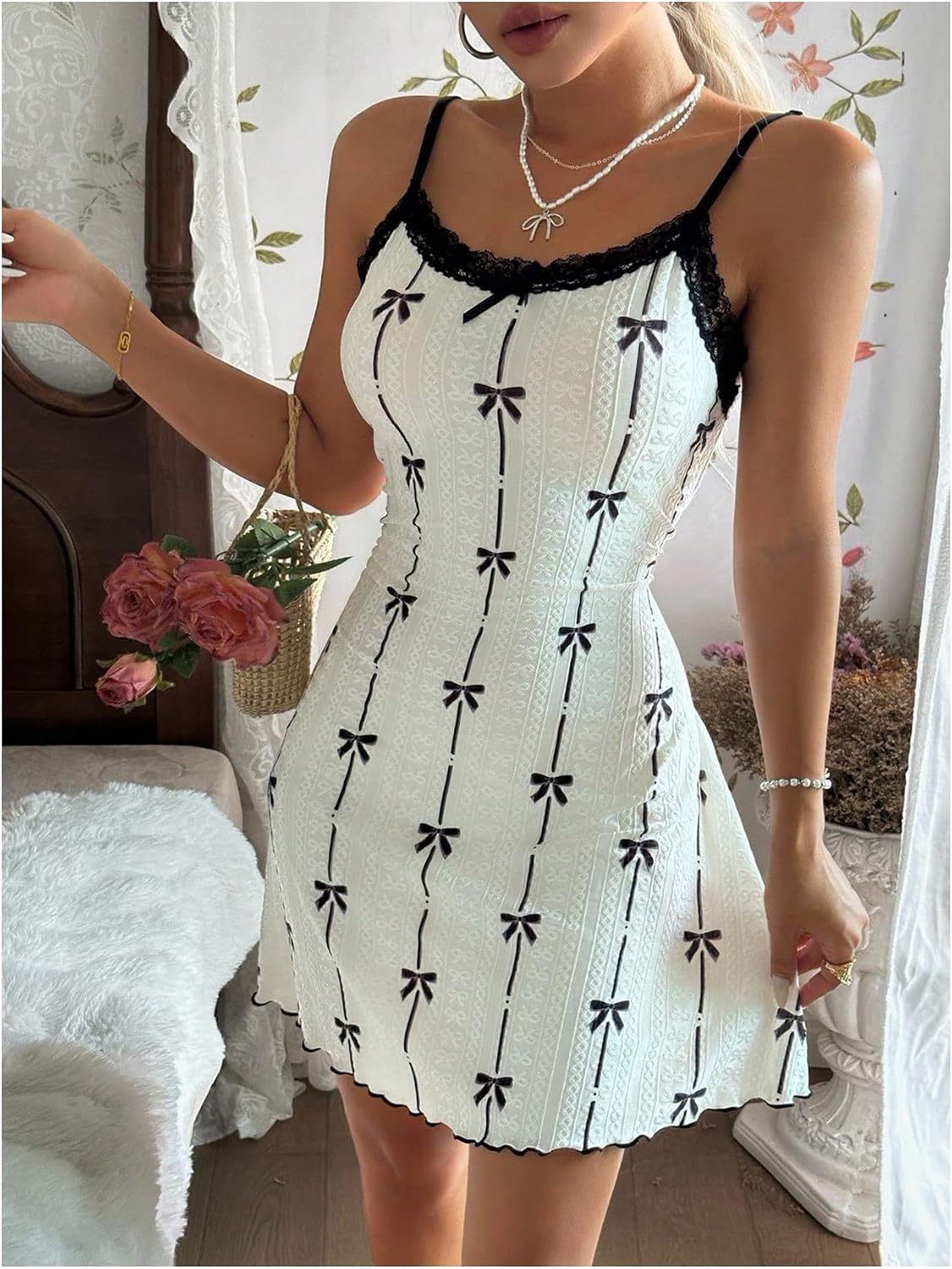 GORGLITTER Women's Bow Sexy Nightgown Cute Lace Trim Frill Backless Spaghetti Strap Lingerie Sleep Dress Sleepwear
